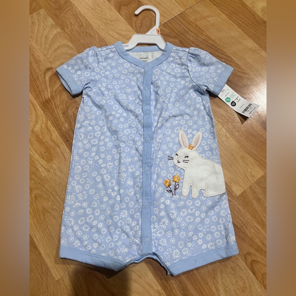 Carter's Light Blue Romper with Bunny Appliqué
